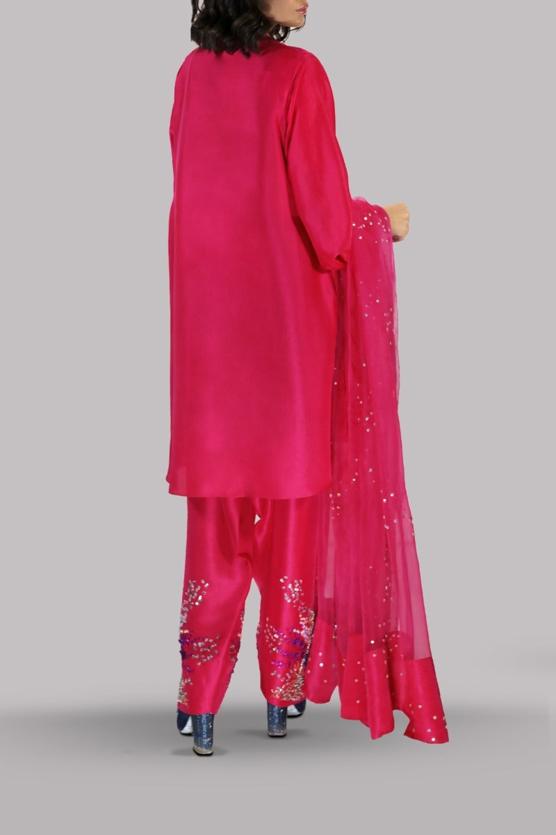 Virtual Pink Embellished Raw Silk Set