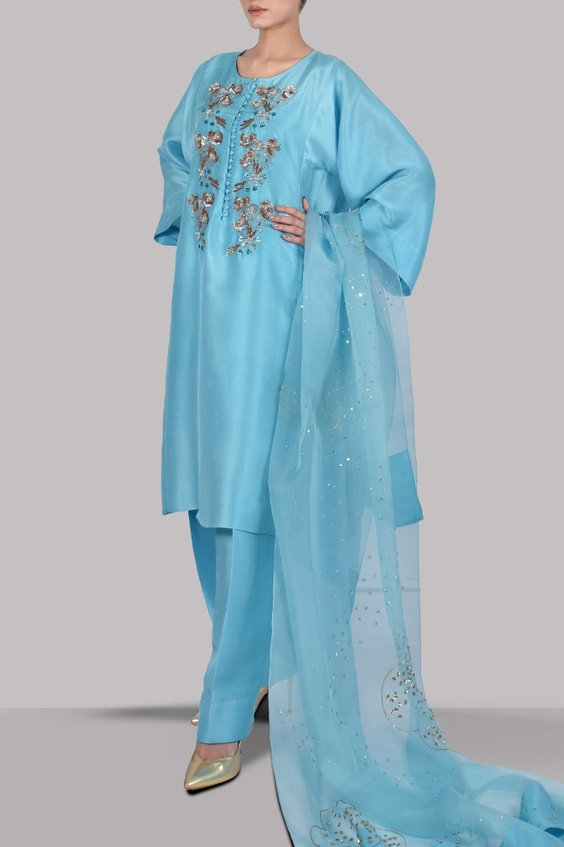 Blue Topaz Embellished Raw Silk Set