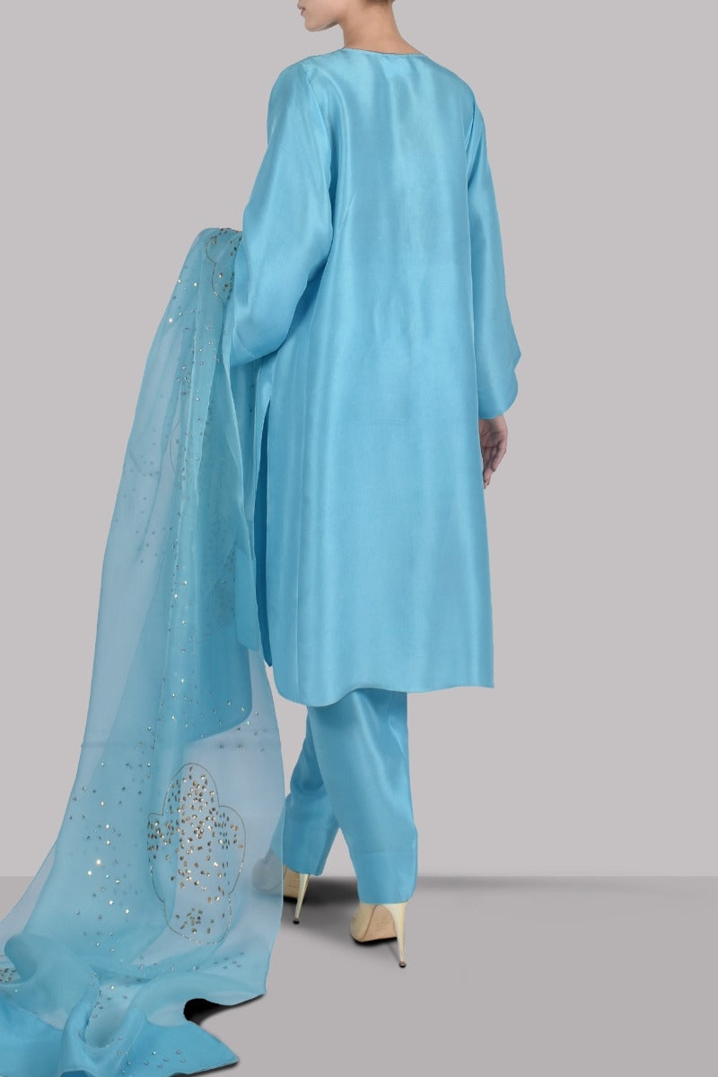 Blue Topaz Embellished Raw Silk Set