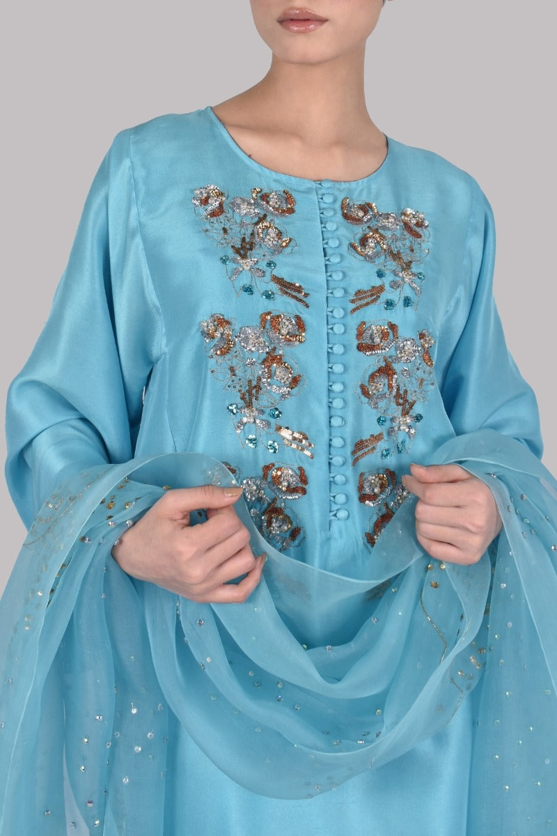 Blue Topaz Embellished Raw Silk Set