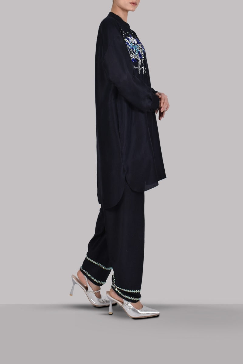 Black Embellished Raw Silk Set