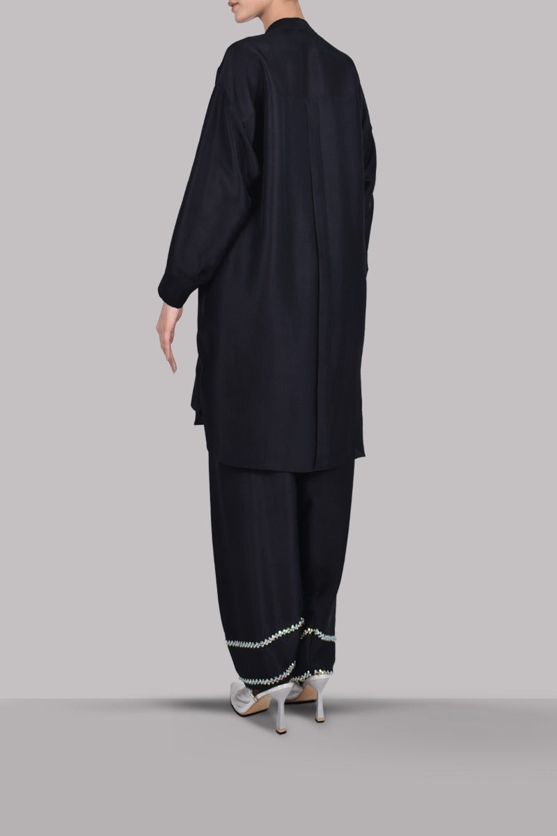 Black Embellished Raw Silk Set