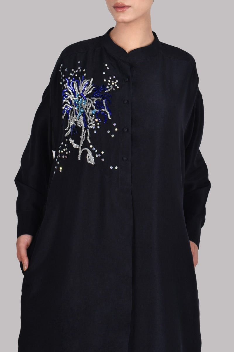 Black Embellished Raw Silk Set