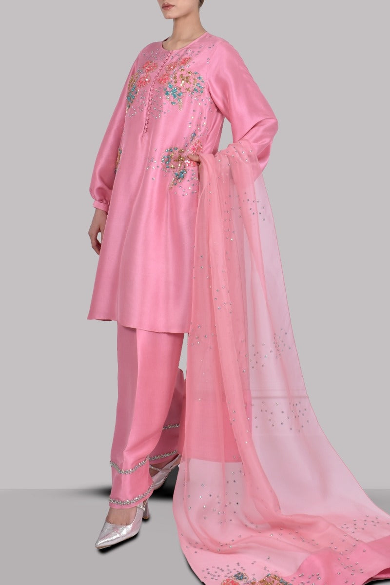 Plumeria Embellished Raw Silk Set