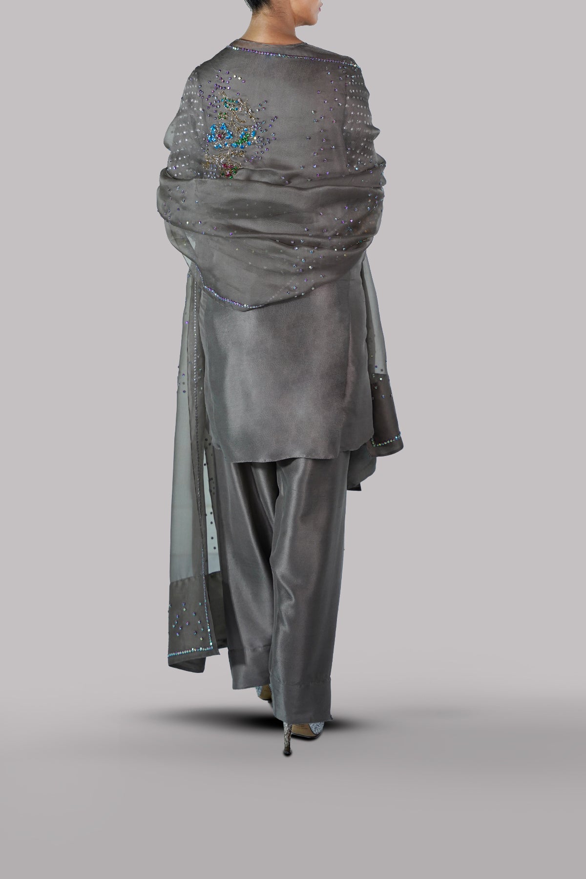 Steeple Gray Embellished Raw Silk Set