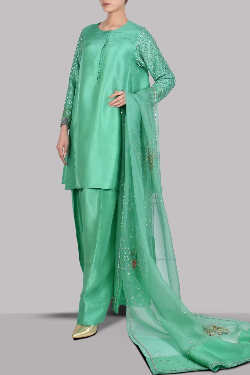 Spring Bud Embellished Raw Silk Set