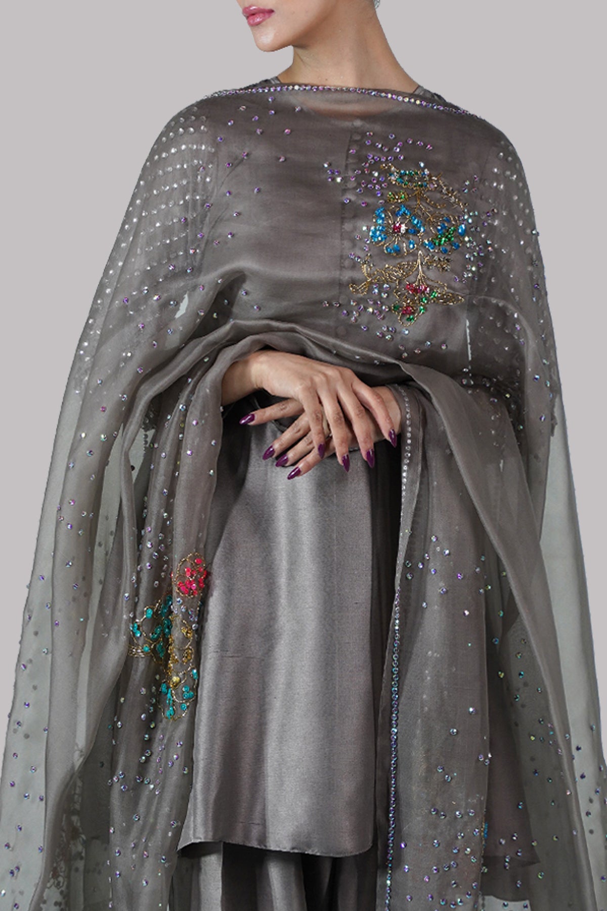 Steeple Gray Embellished Raw Silk Set