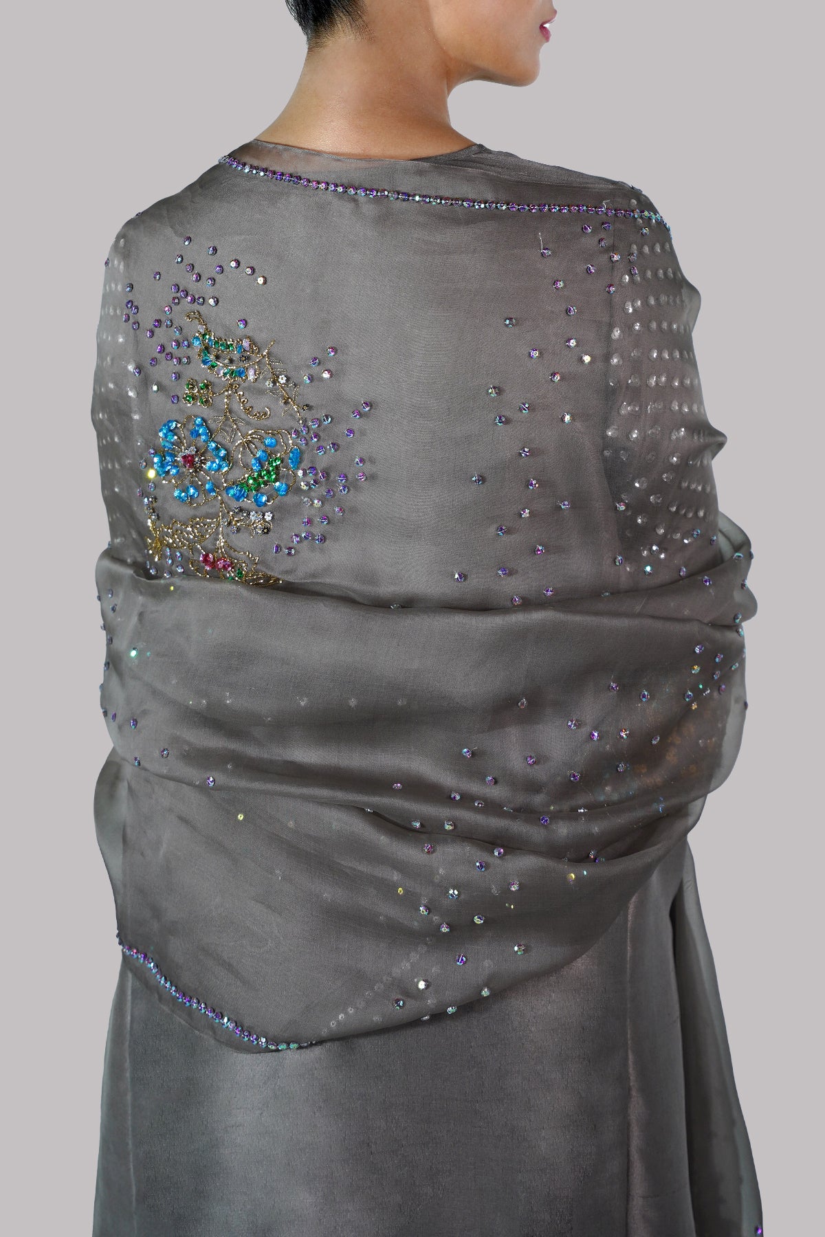 Steeple Gray Embellished Raw Silk Set