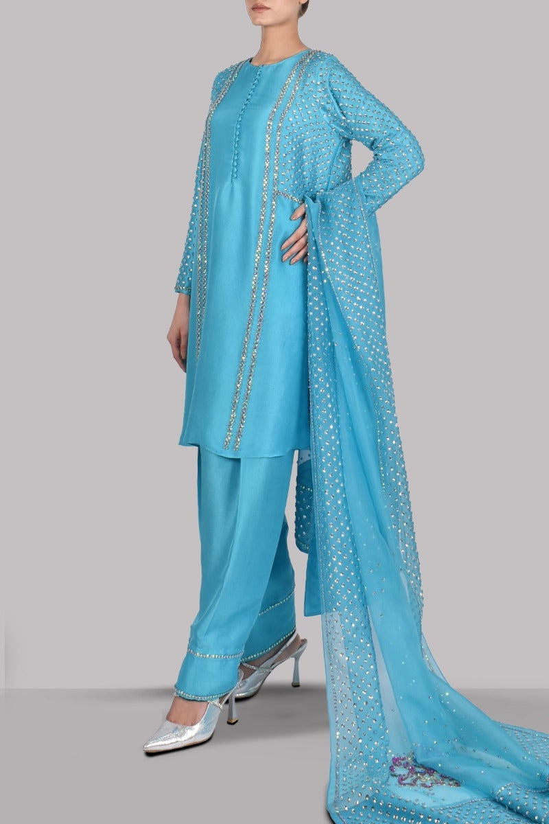 Scuba Blue Embellished Raw Silk Set