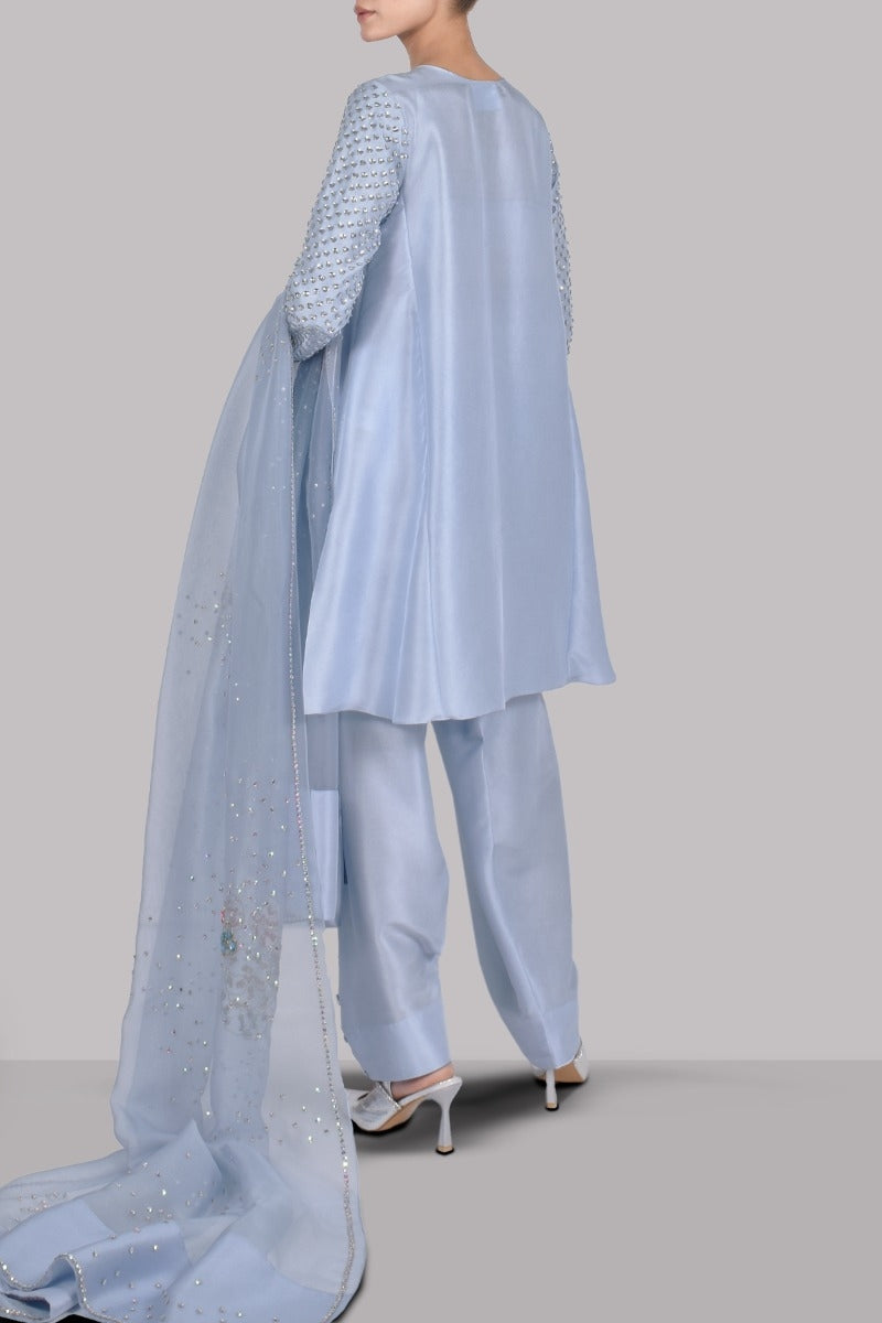 Cashmere Blue Embellished Raw Silk Set