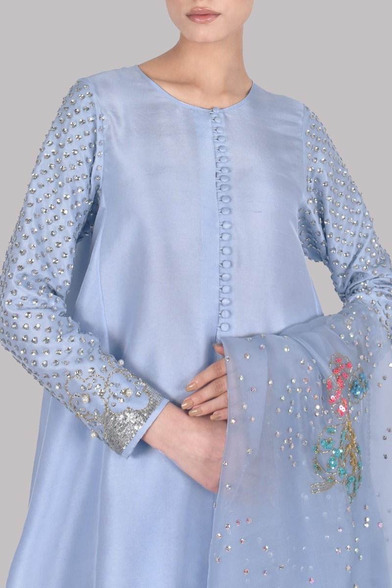 Cashmere Blue Embellished Raw Silk Set