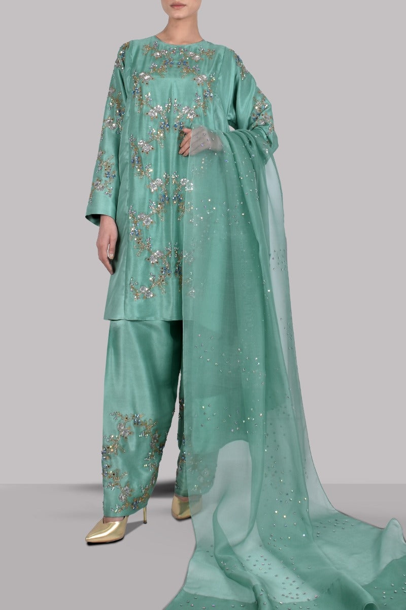 Malachite Green Embellished Raw Silk Set