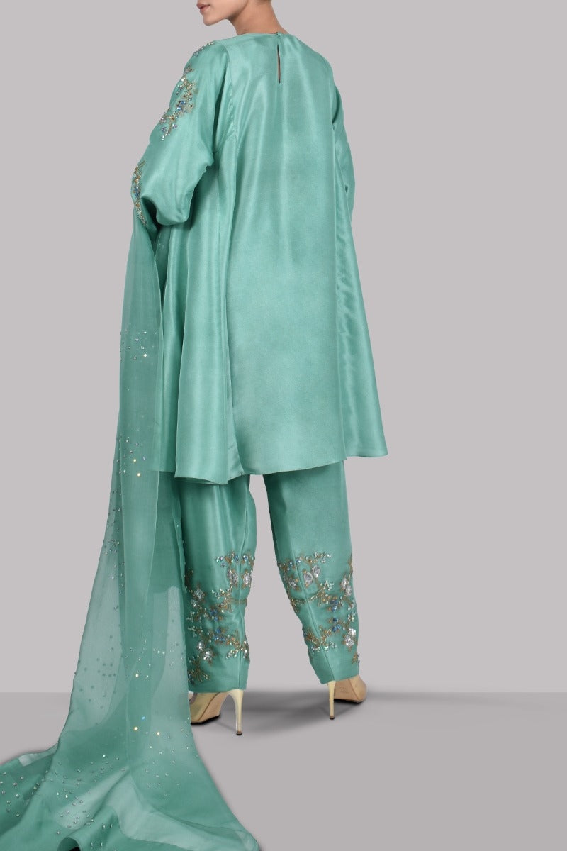 Malachite Green Embellished Raw Silk Set