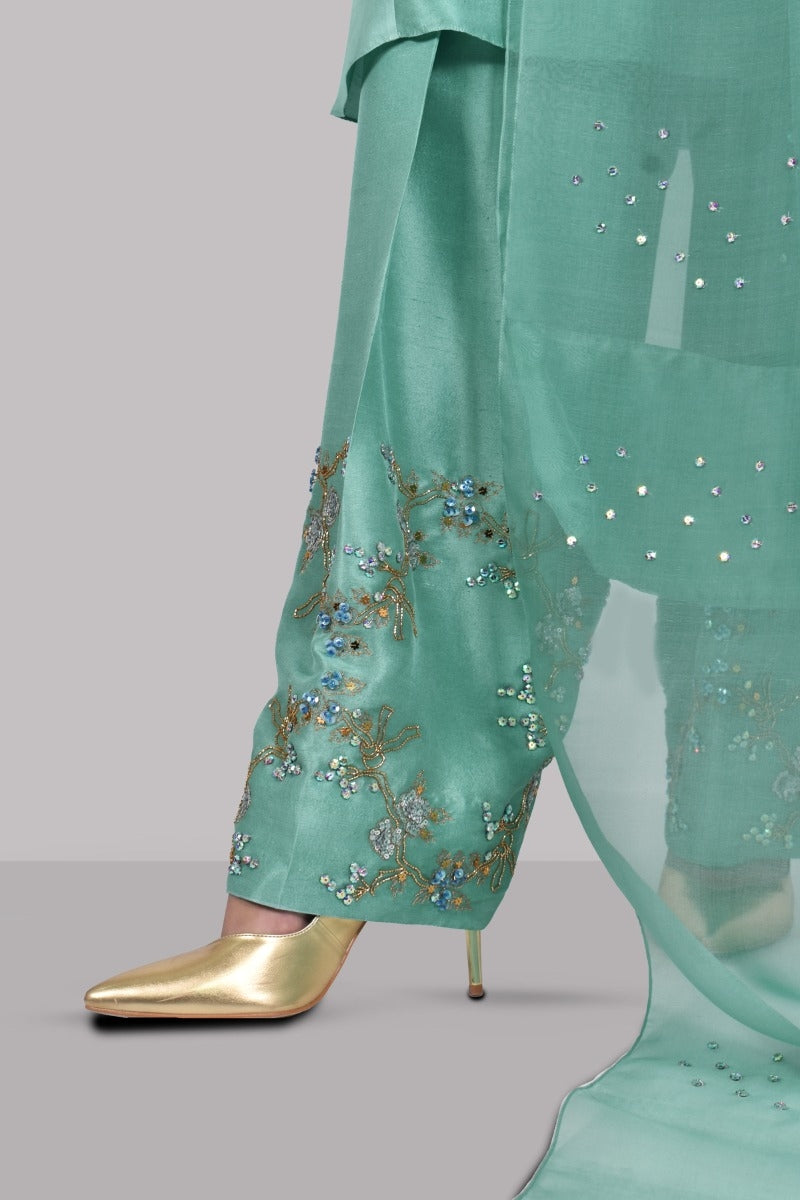 Malachite Green Embellished Raw Silk Set