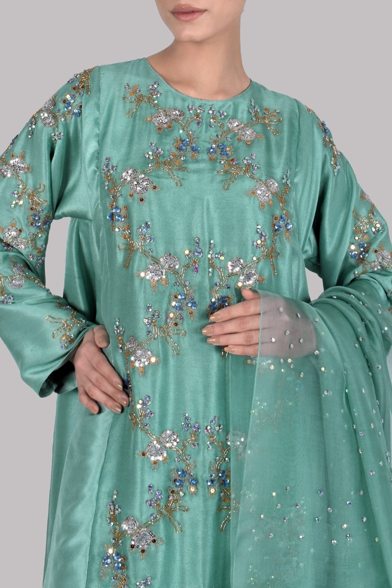 Malachite Green Embellished Raw Silk Set