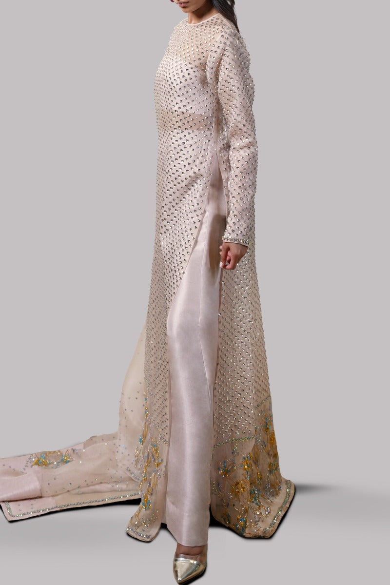 Rose Smoke Embellished Organza Maxi Set