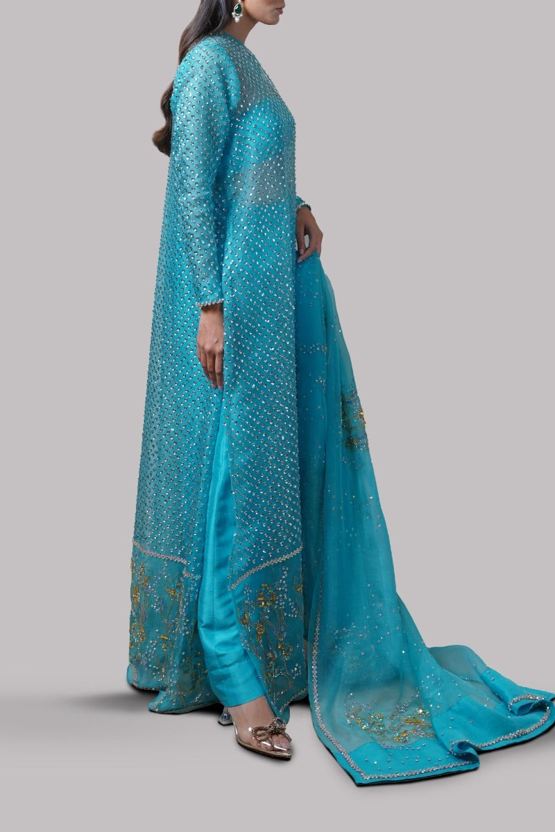 Scuba Blue Embellished Organza Maxi Set