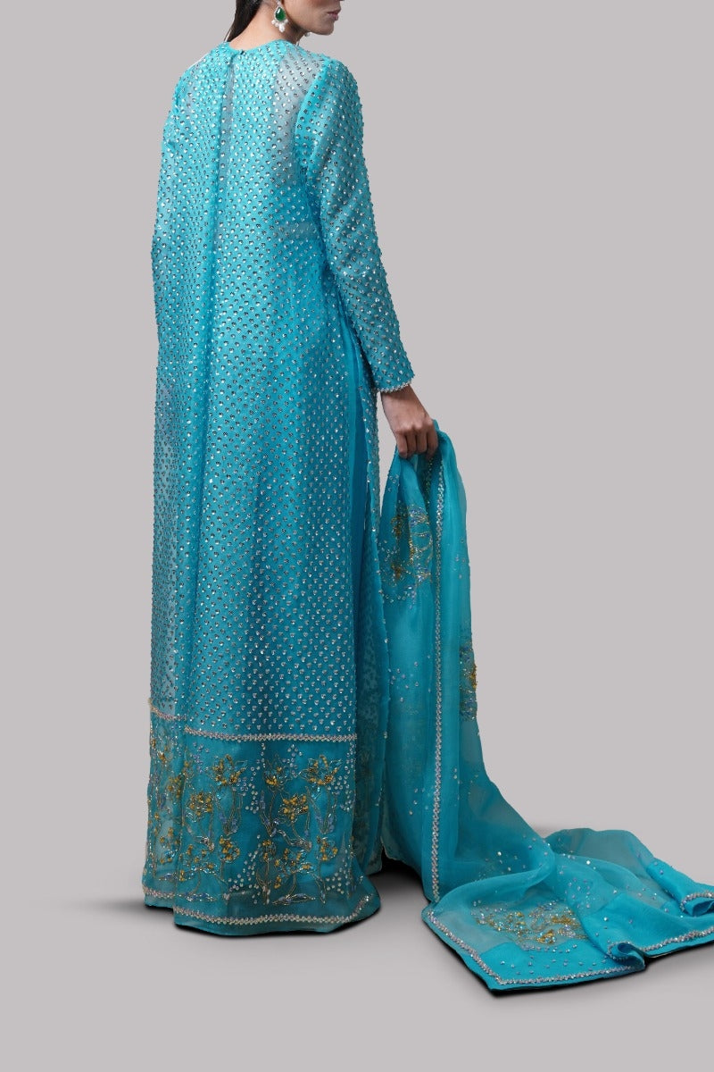 Scuba Blue Embellished Organza Maxi Set
