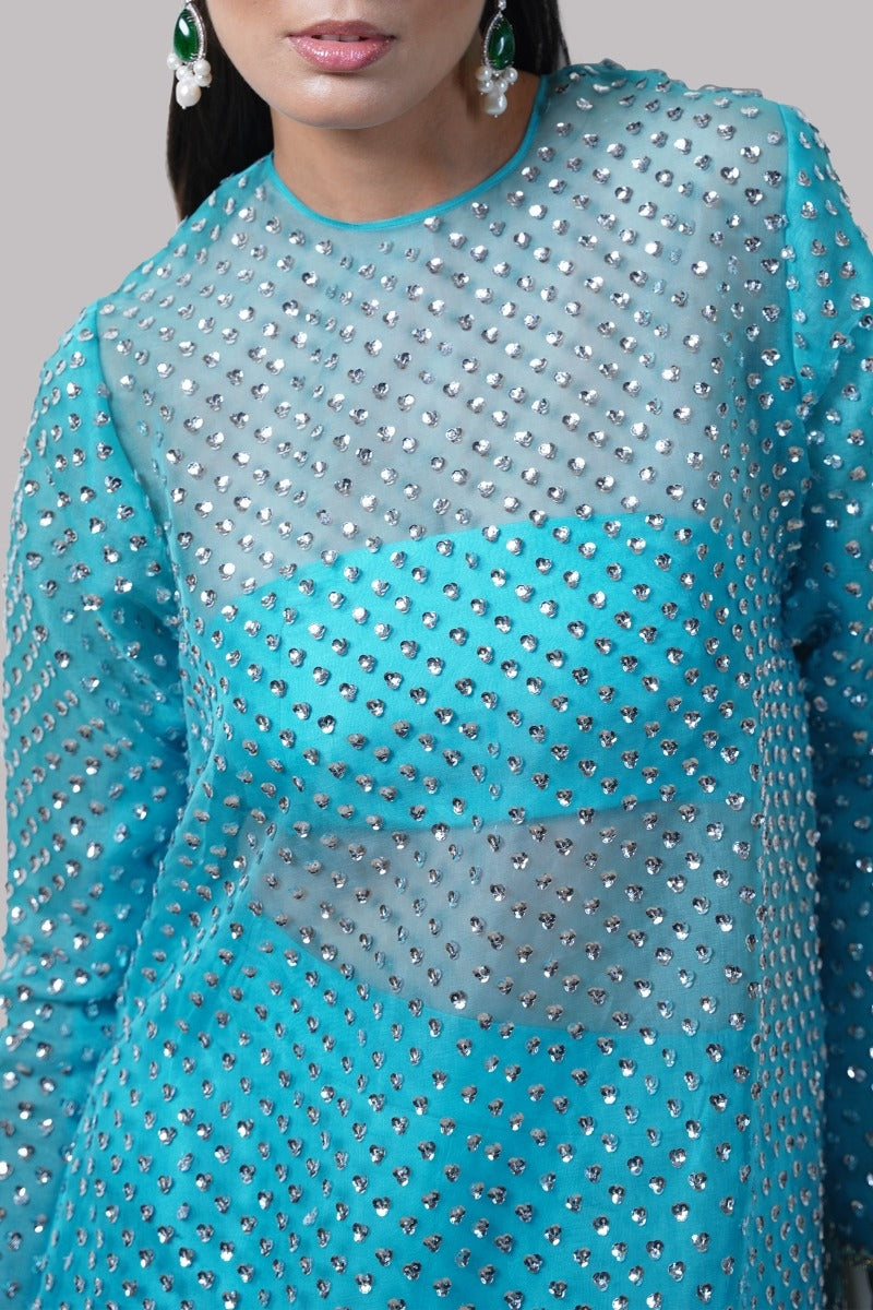 Scuba Blue Embellished Organza Maxi Set