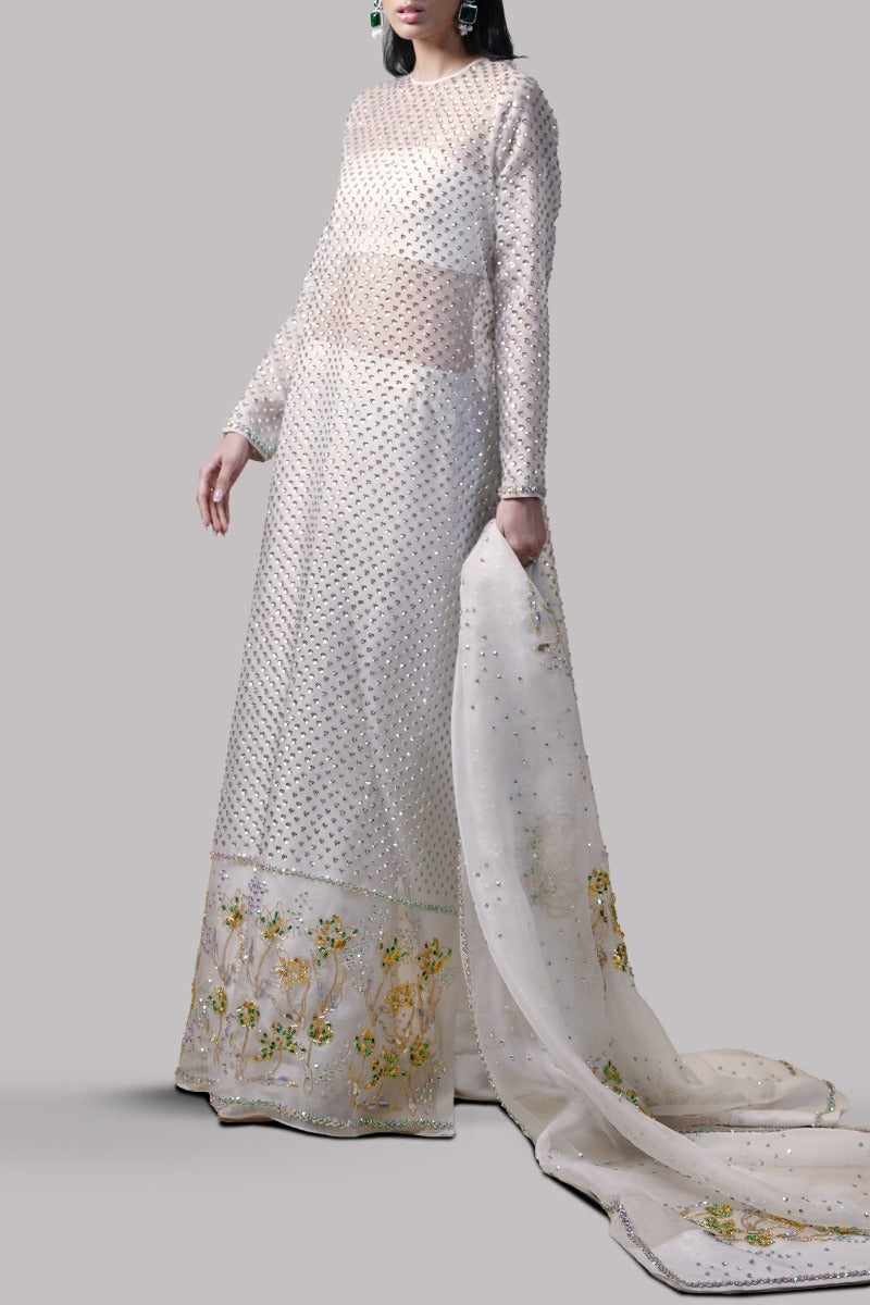 Egret Embellished Organza Maxi Set