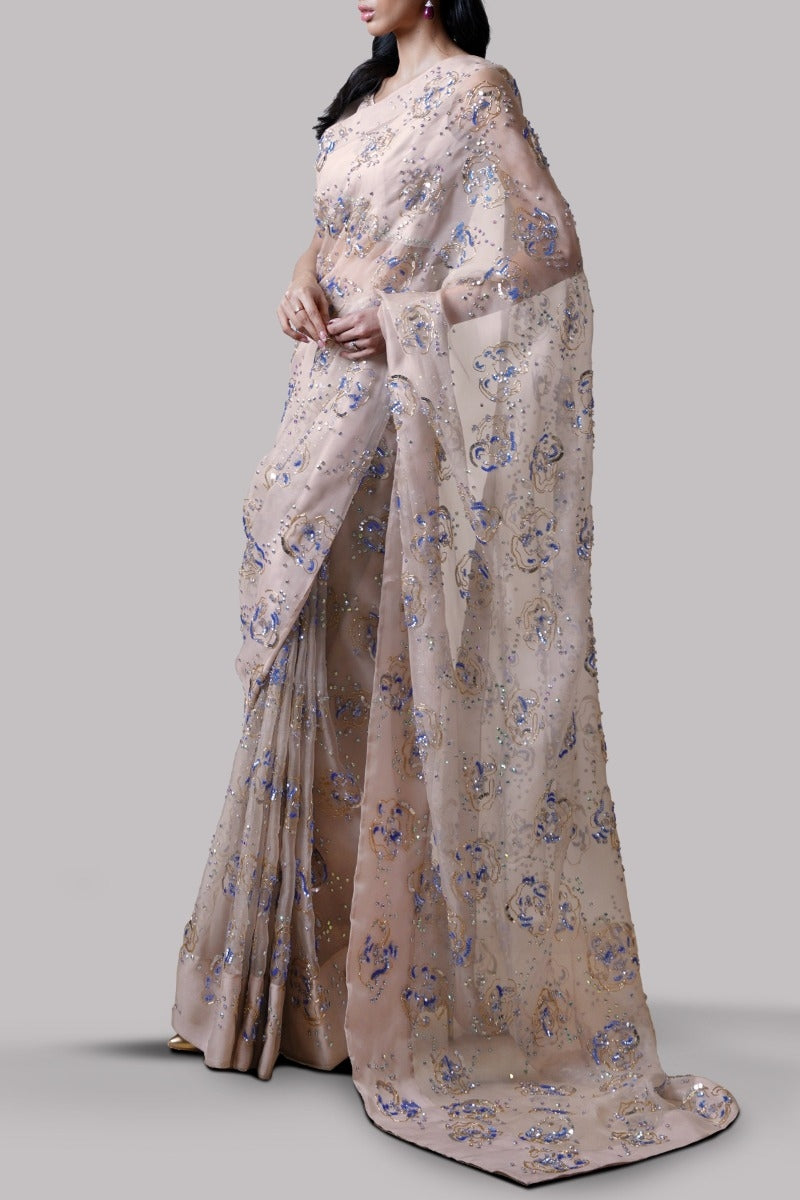 Rose Smoke Embellished Organza Sari