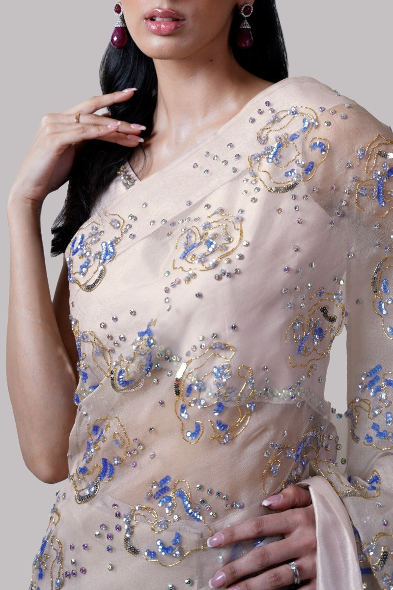 Rose Smoke Embellished Organza Sari