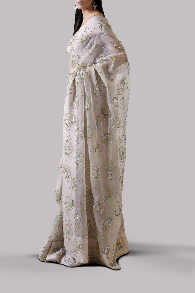 Rose Smoke Embellished Organza Sari