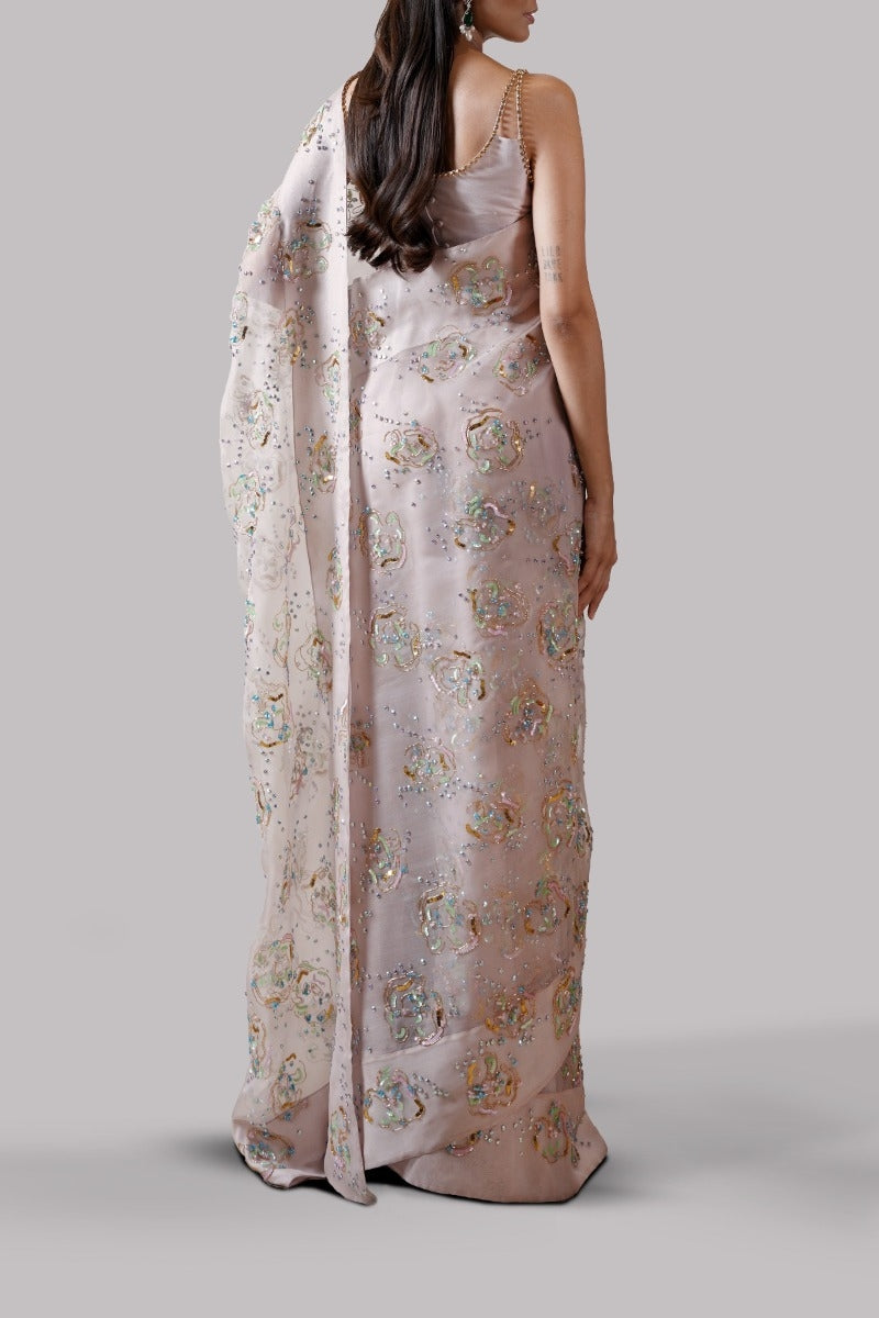 Rose Smoke Embellished Organza Sari