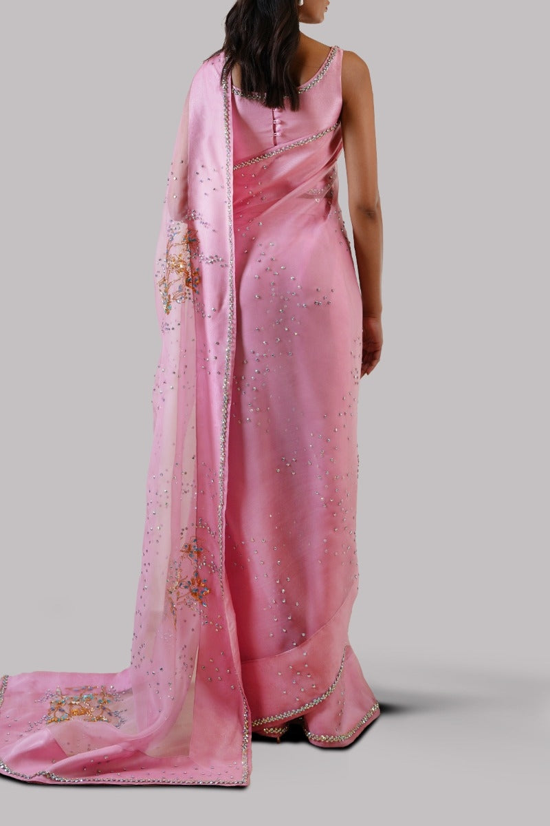 Begonia Pink Embellished Organza Sari