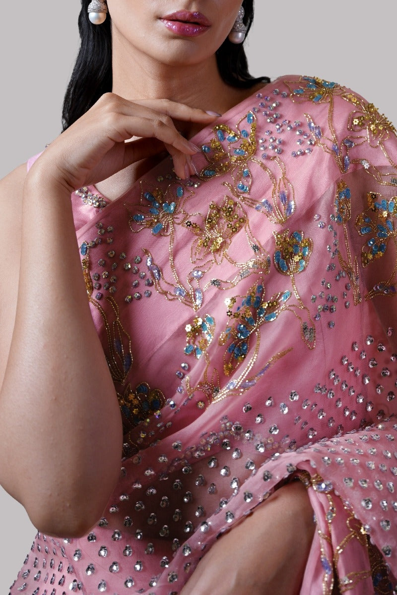 Plumeria Embellished Organza Sari