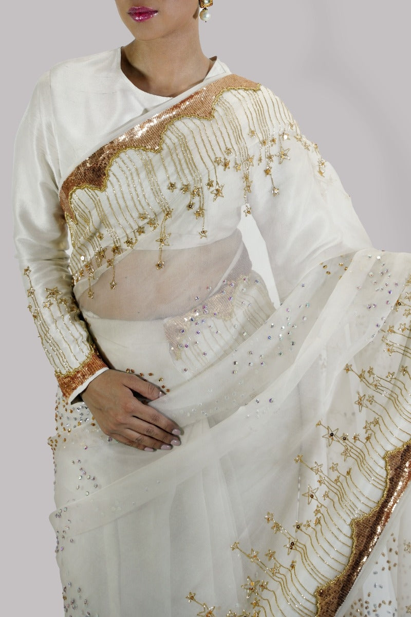 Egret Embellished Organza Sari