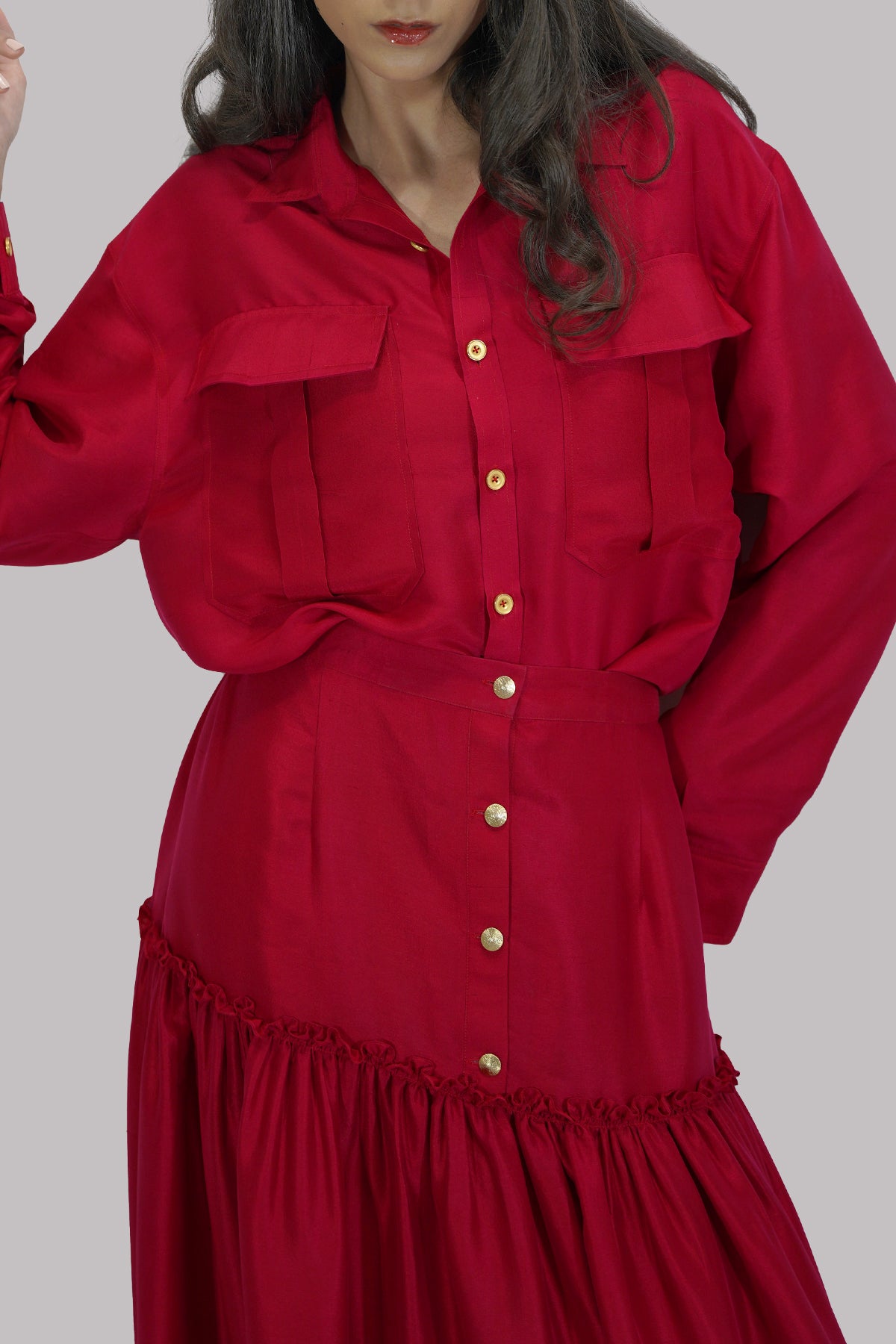 Red Bud Embellished Blouse Skirt Set