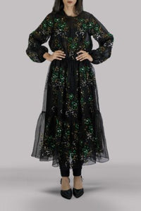 Black Embellished Organza Dress with Churidaar