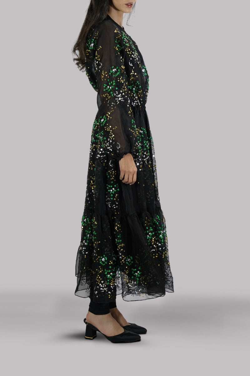 Black Embellished Organza Dress with Churidaar
