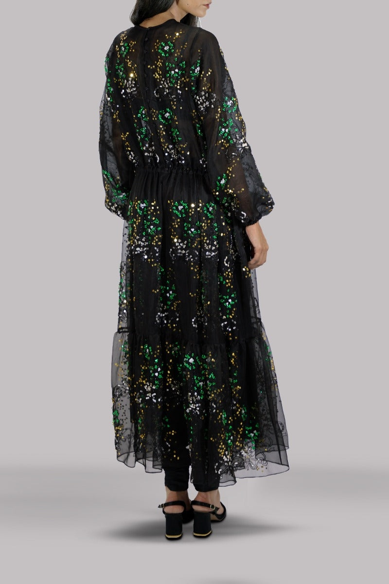 Black Embellished Organza Dress with Churidaar