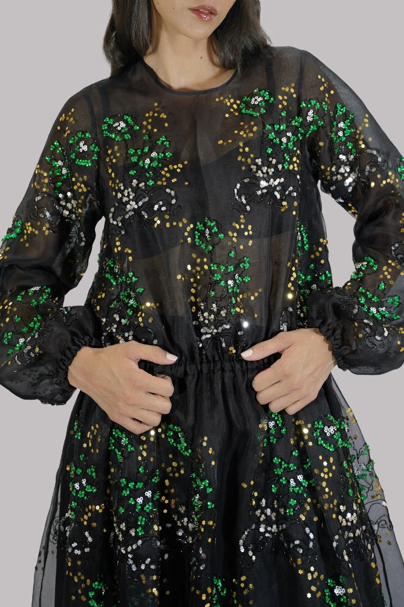 Black Embellished Organza Dress with Churidaar