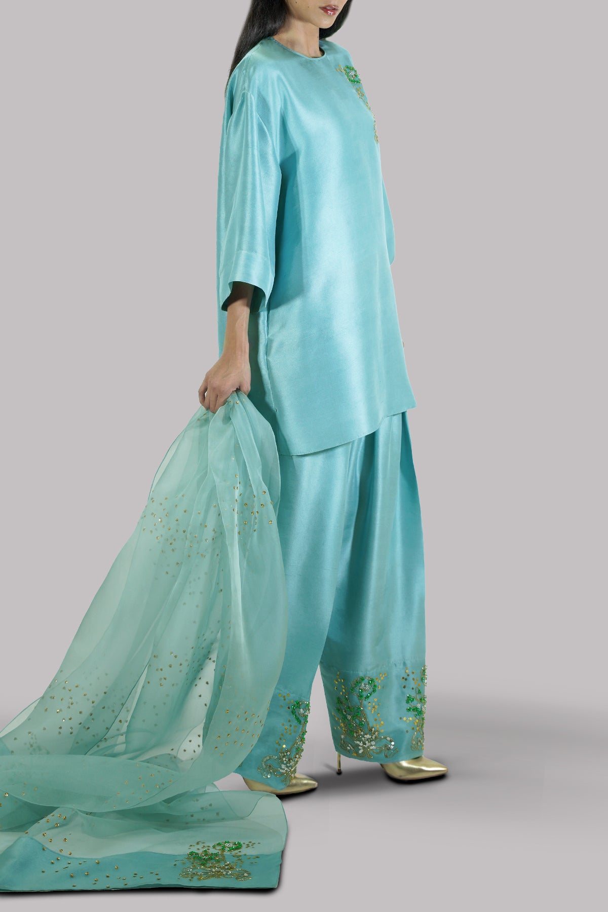 Canal Blue Embellished Raw Silk Set