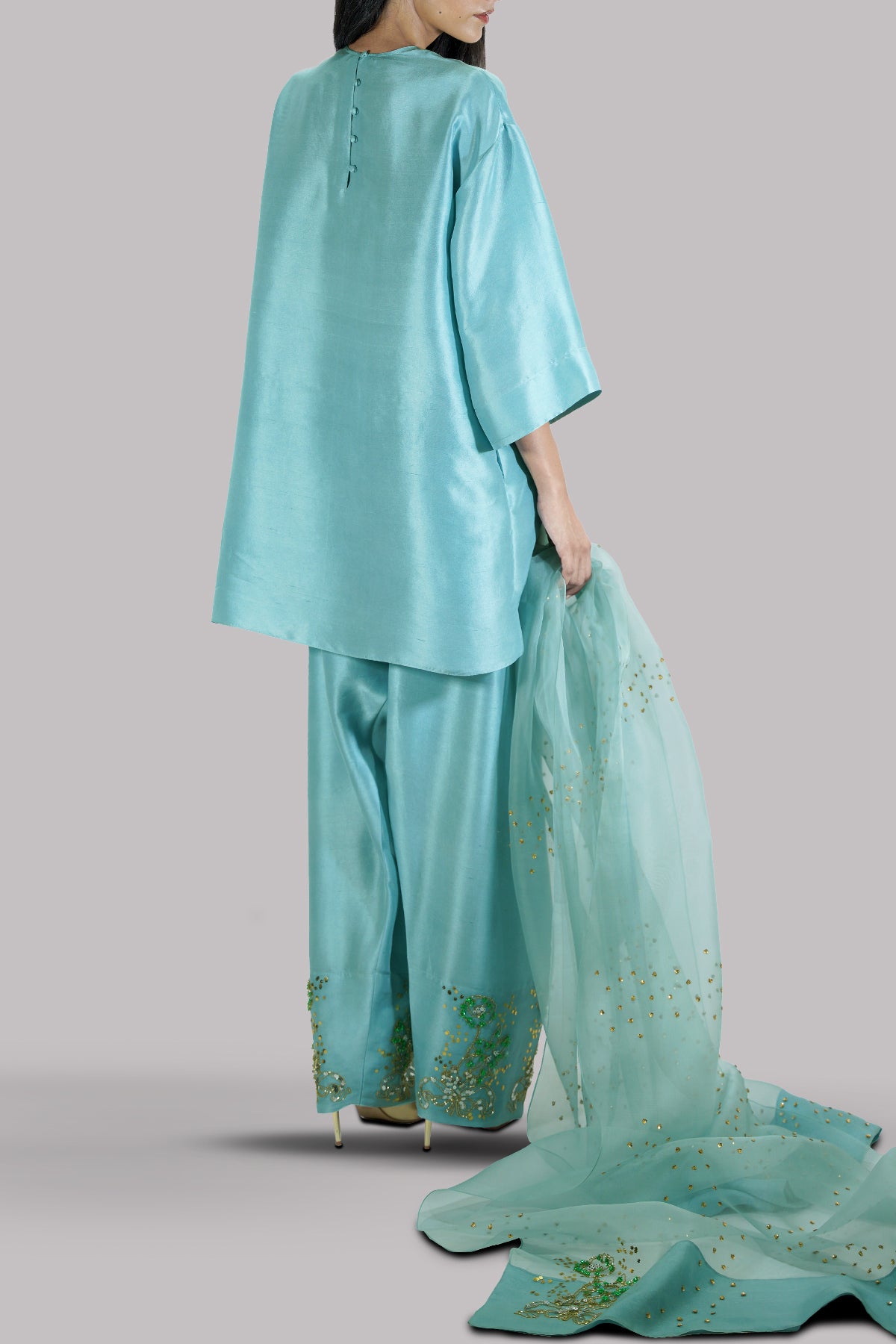 Canal Blue Embellished Raw Silk Set