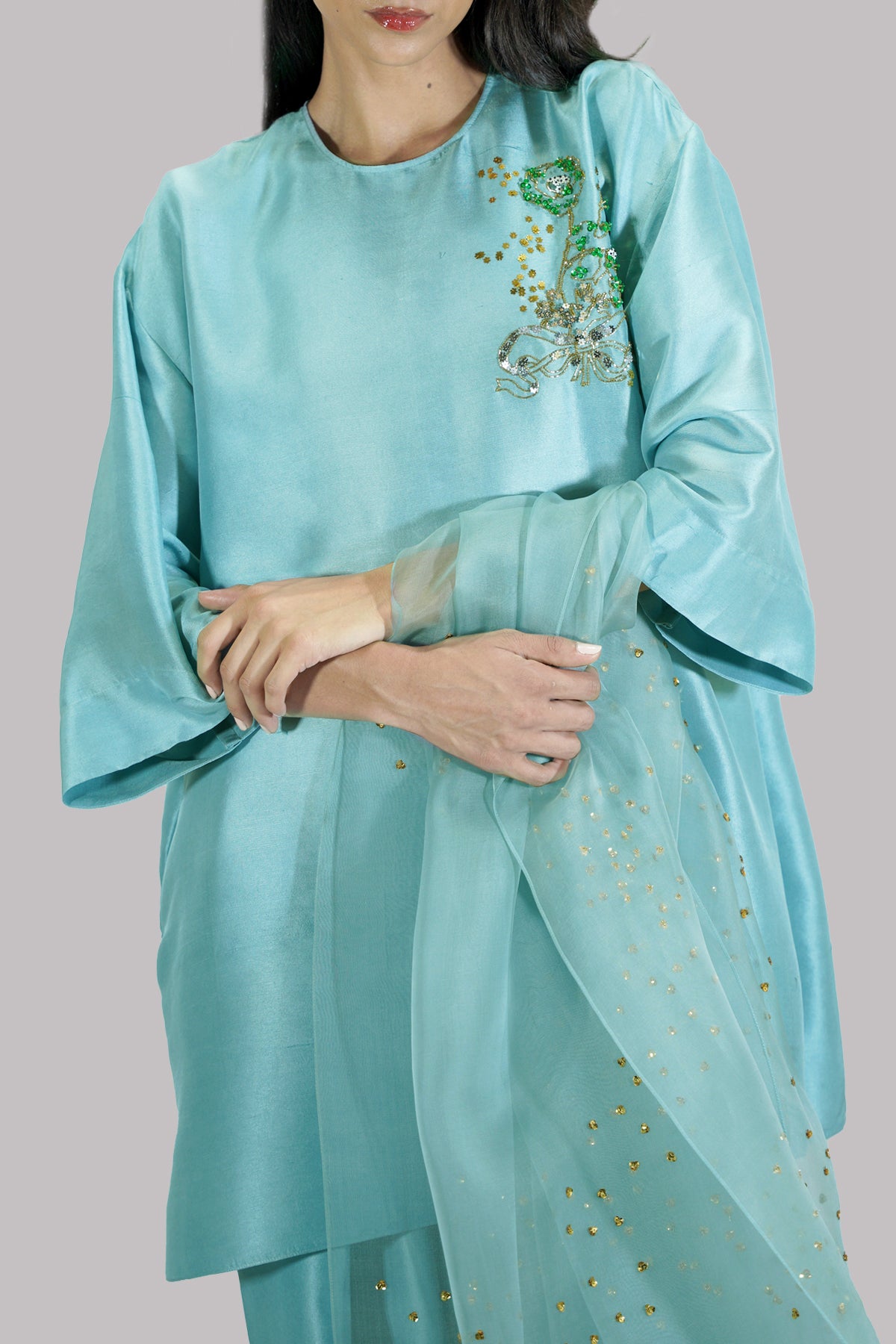 Canal Blue Embellished Raw Silk Set