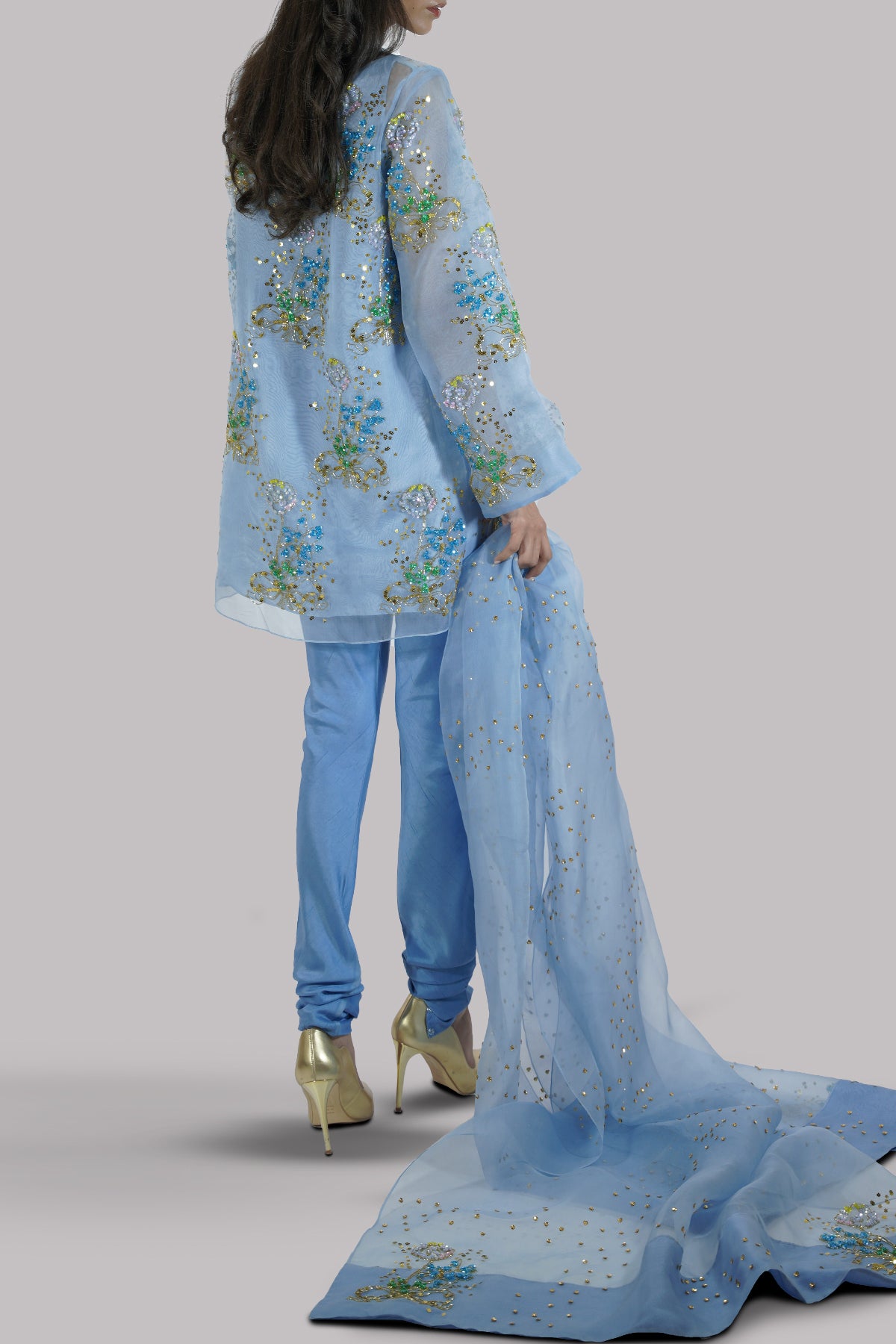 Heritage Blue Embellished Raw Silk Churidaar Set