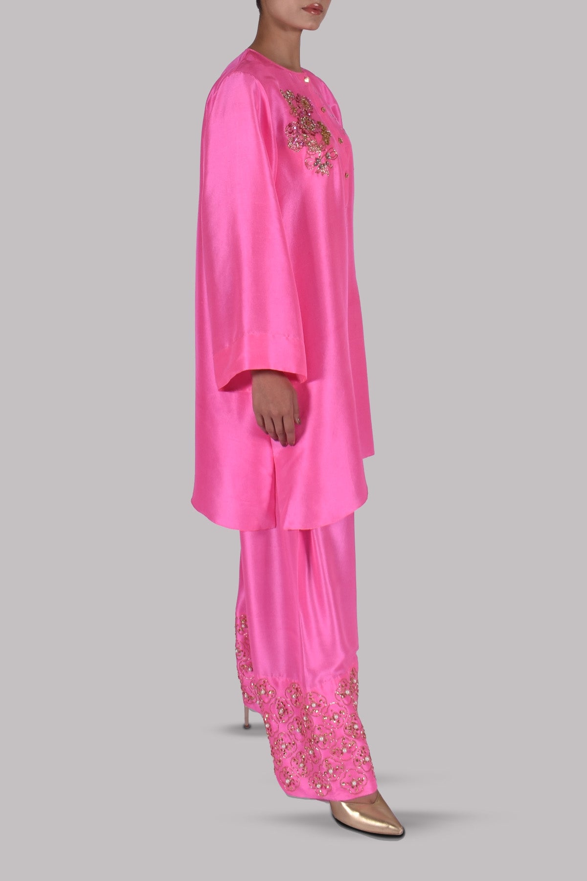 Pink Carnation Embellished Raw Silk Set