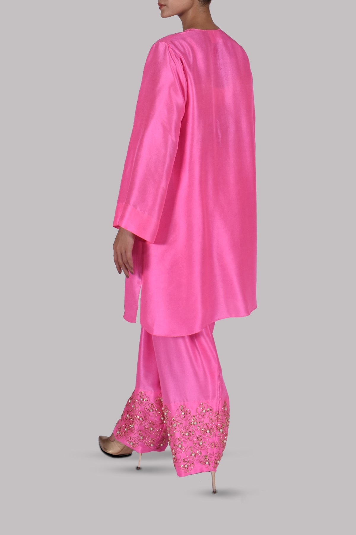 Pink Carnation Embellished Raw Silk Set