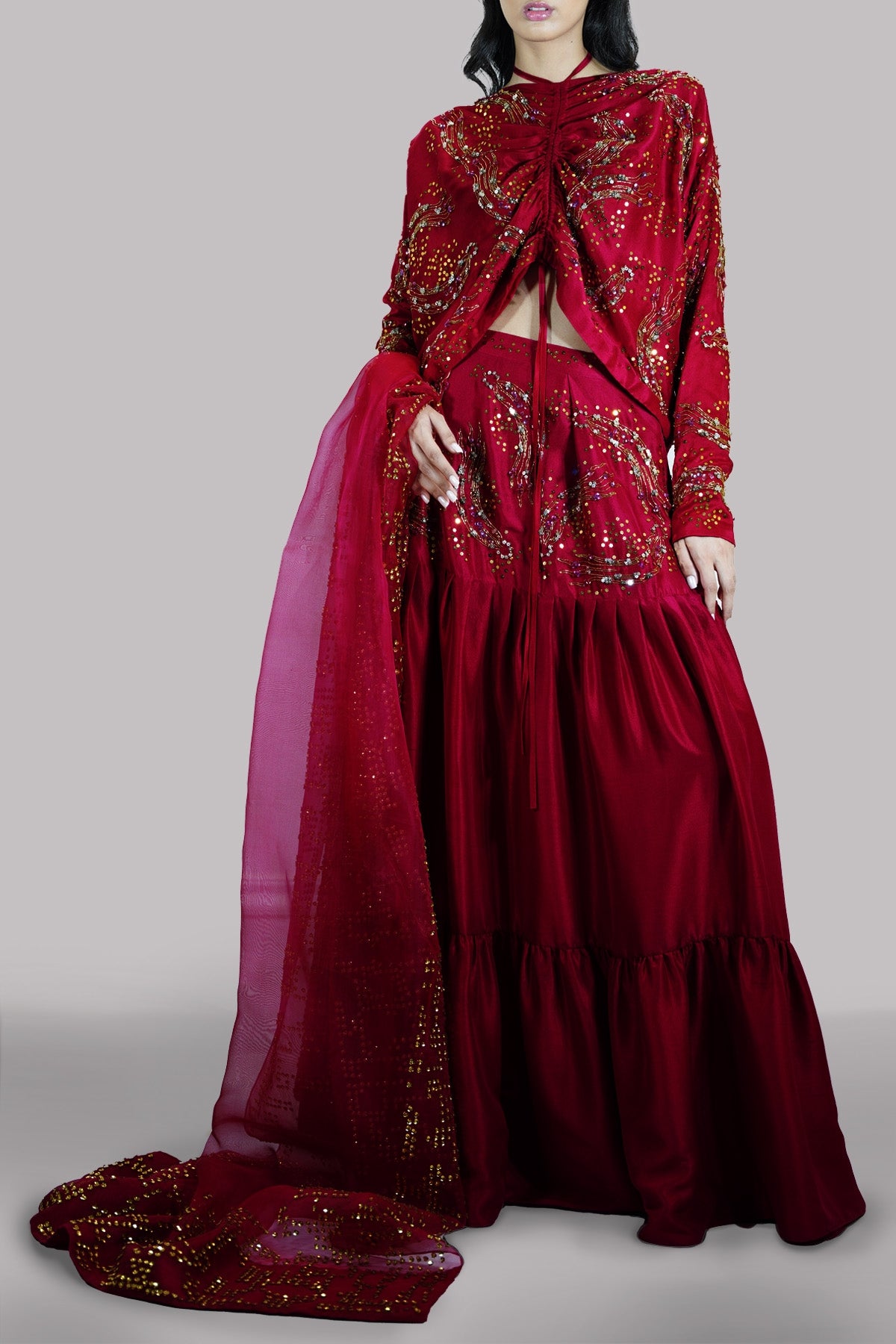 Red Bud Embellished Raw Silk Skirt Set