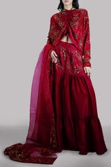 Red Bud Embellished Raw Silk Skirt Set
