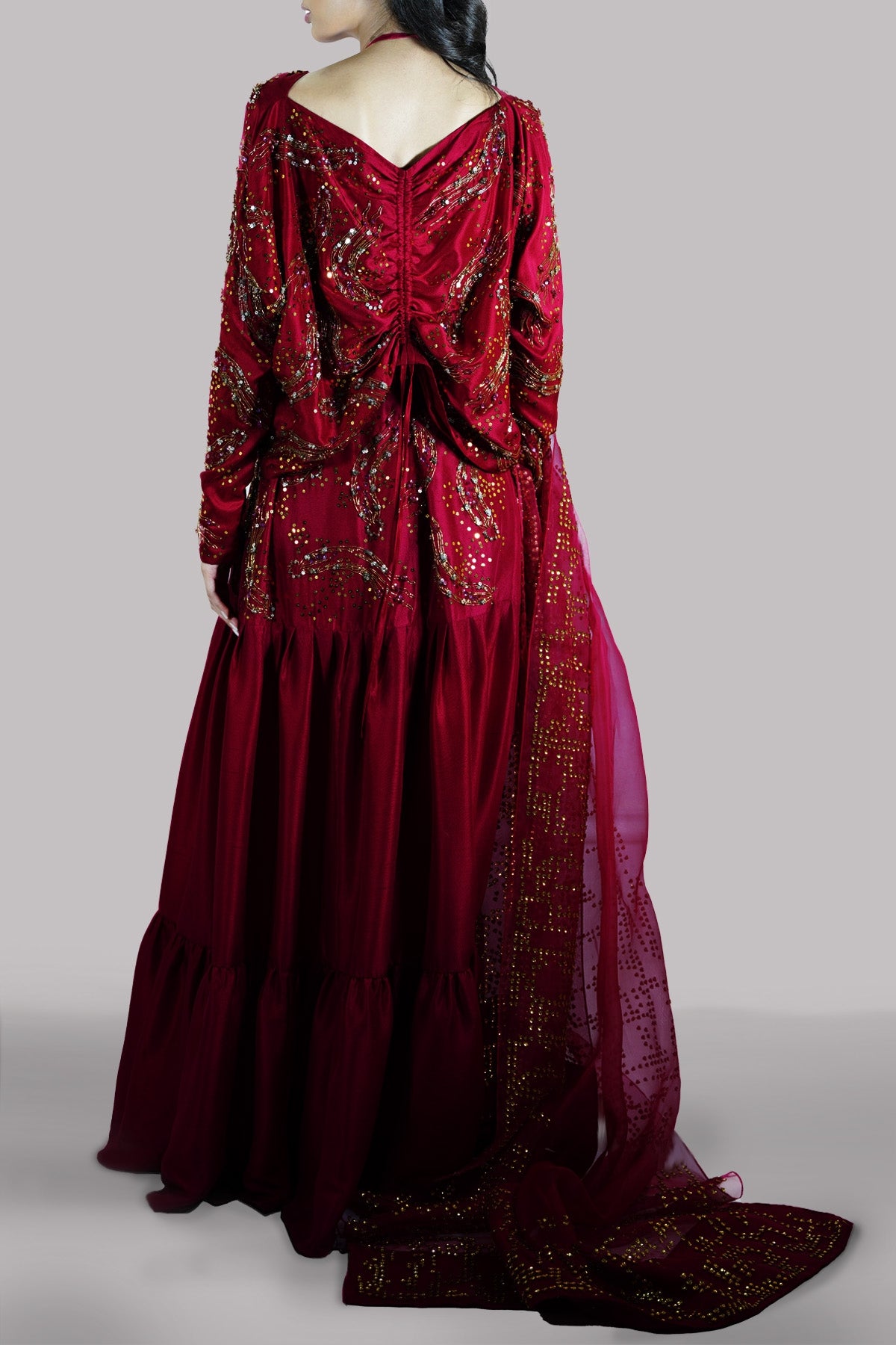 Red Bud Embellished Raw Silk Skirt Set