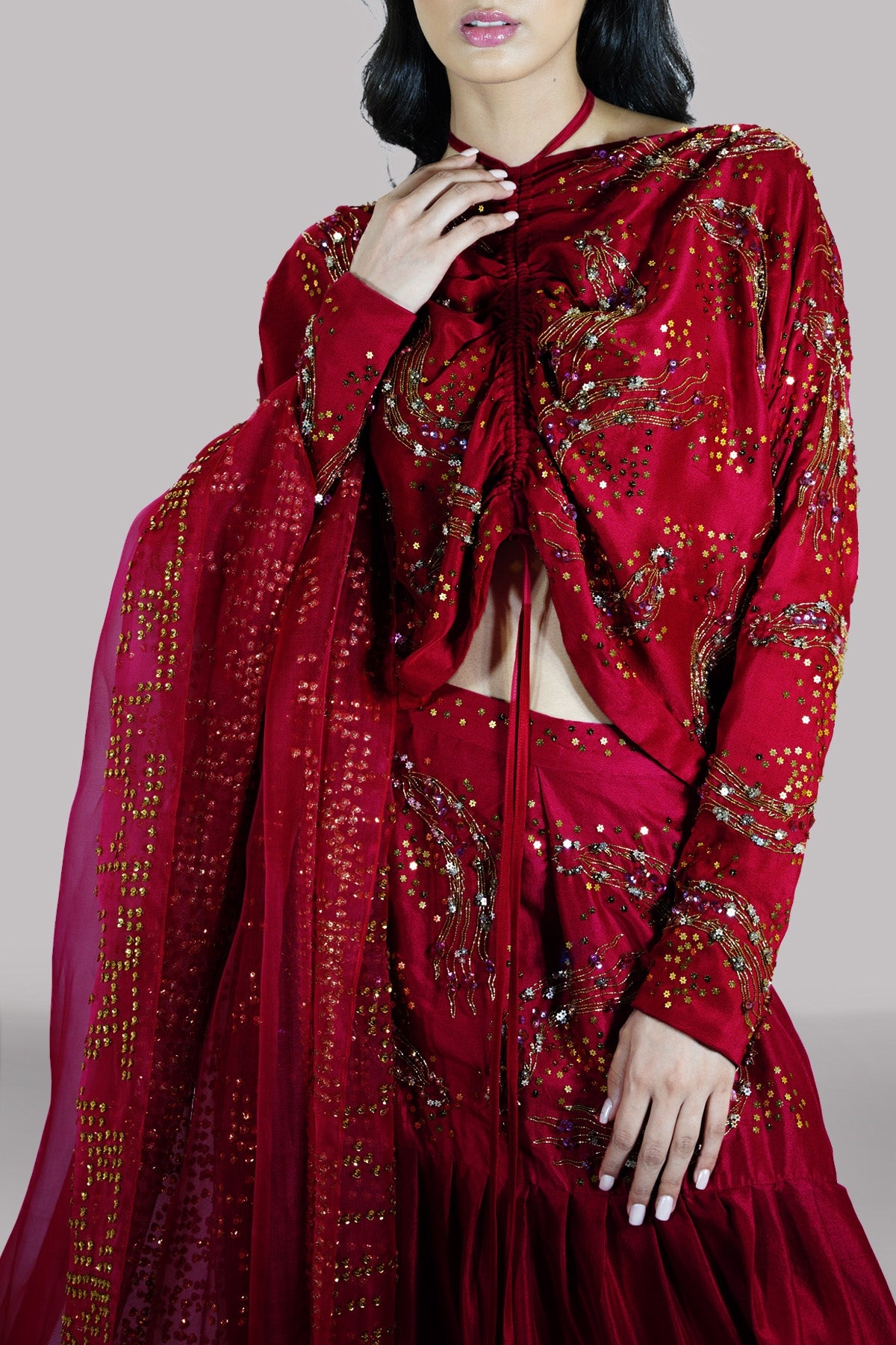 Red Bud Embellished Raw Silk Skirt Set