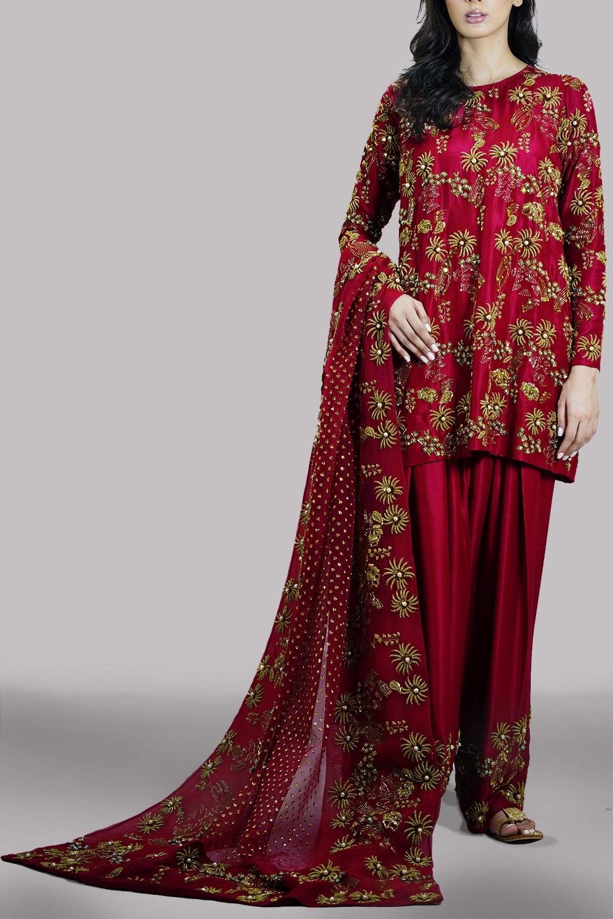 Red Bud Embellished Raw Silk Set
