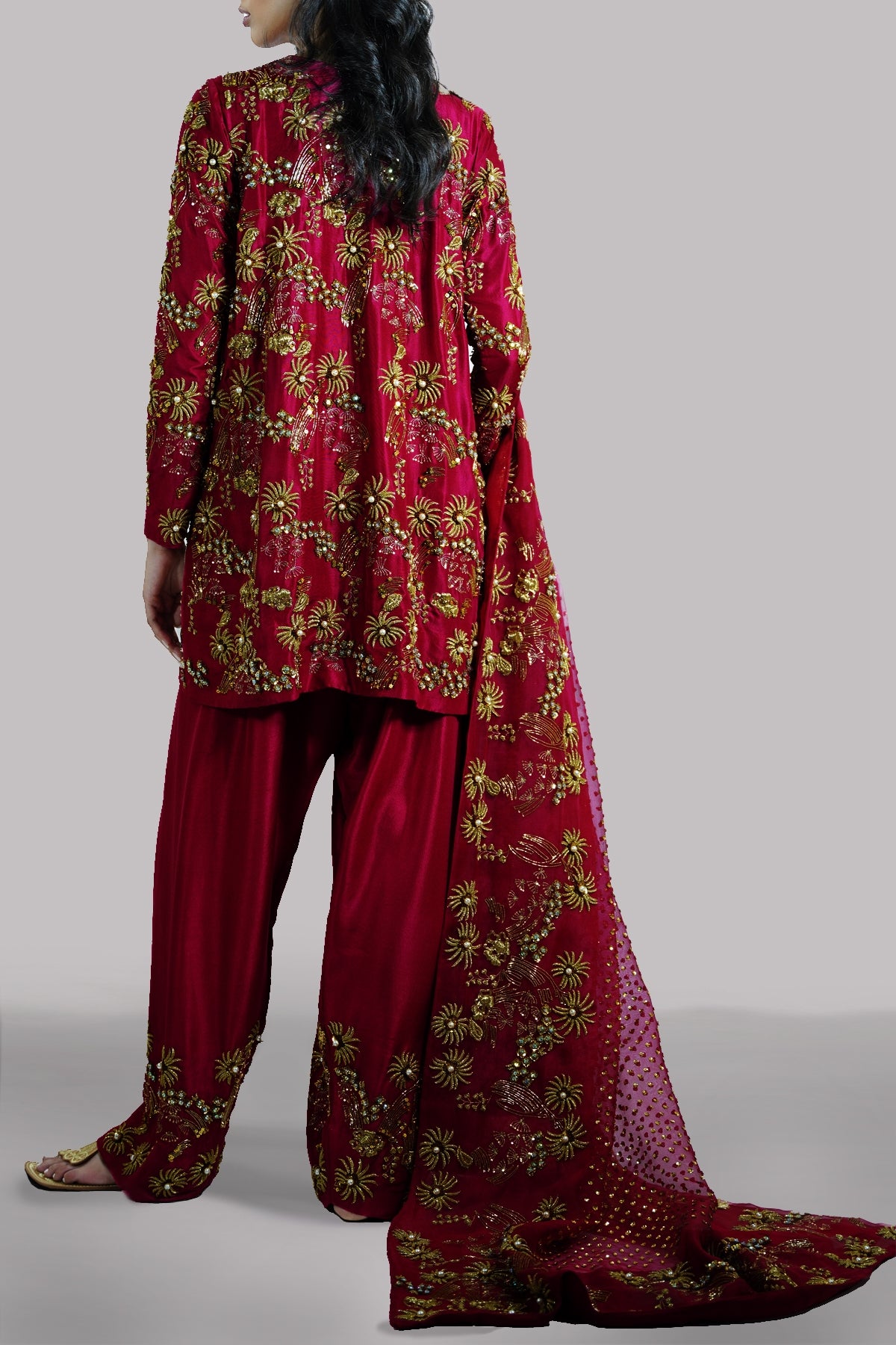 Red Bud Embellished Raw Silk Set