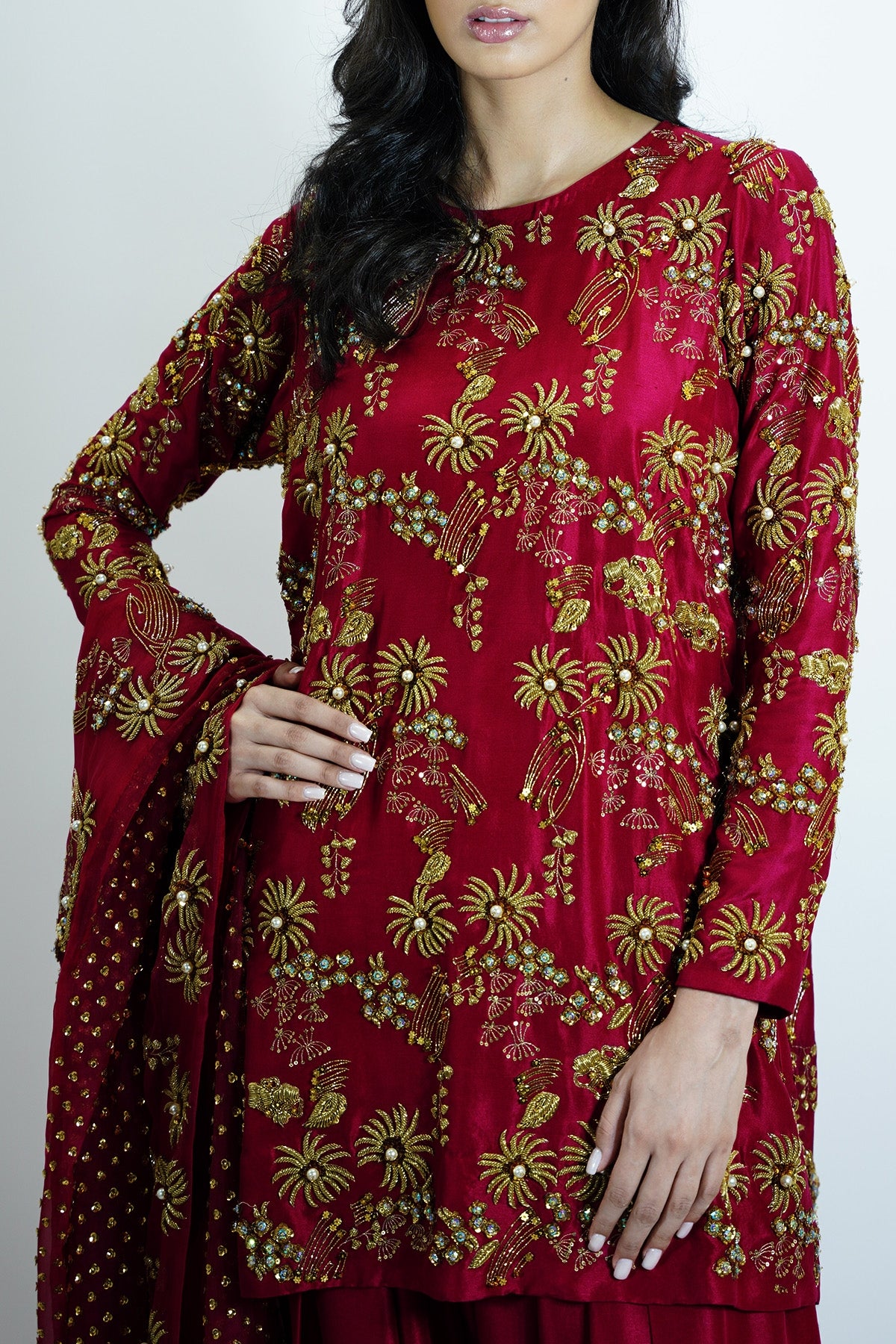 Red Bud Embellished Raw Silk Set