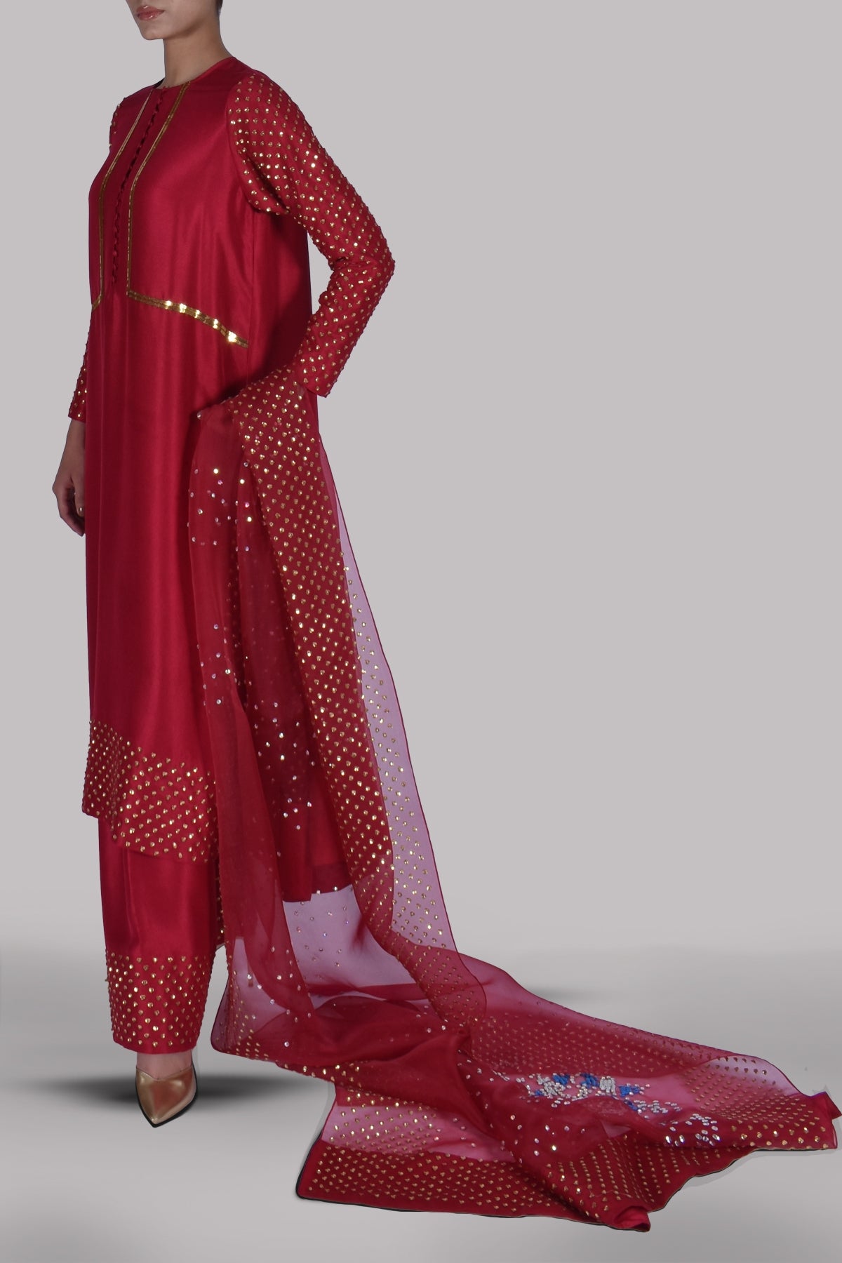 Virtual Pink Embellished Raw Silk Set